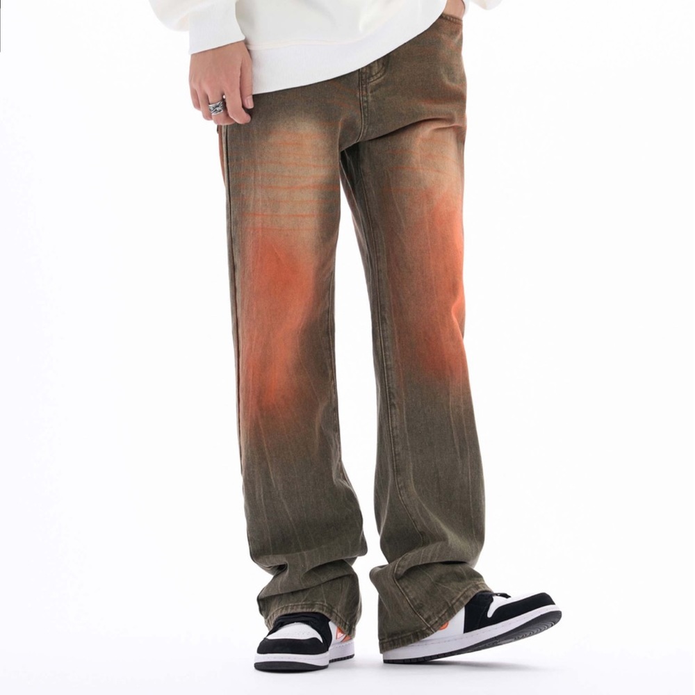 Stonewashed faded grey red jeans